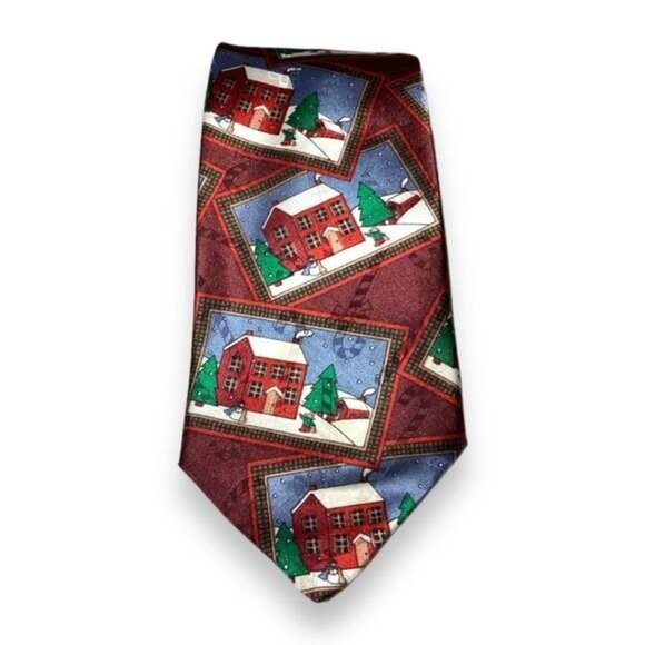 VTG Hallmark Mens Yule Tie Greetings Holiday Scenic Patchwork Necktie - Picture 3 of 5